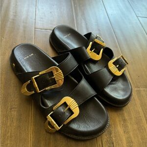 ANINE BING Black Sandals with Gold Buckles